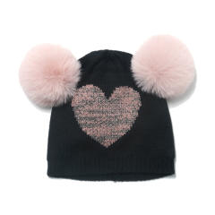Sweet heart pattern cute fluffy ball knitted benie cap for kids