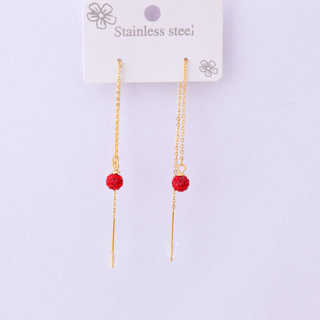 Korean fashion cute red ball butterfly stainless steel threader earrings