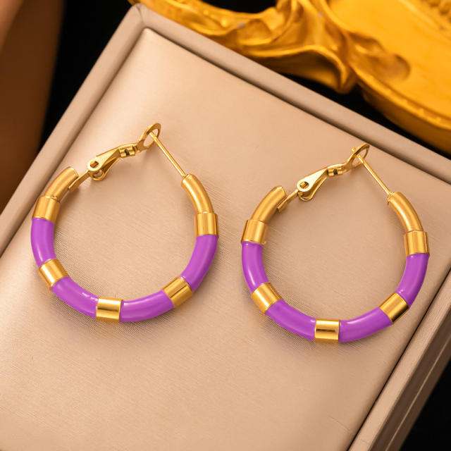 18KG color enamel bamboo hoop stainless steel earrings