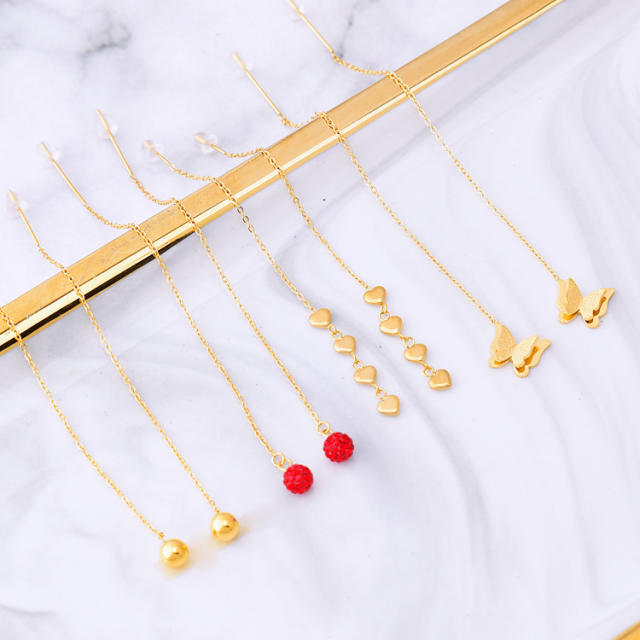 Korean fashion cute red ball butterfly stainless steel threader earrings