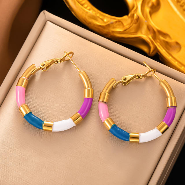 18KG color enamel bamboo hoop stainless steel earrings