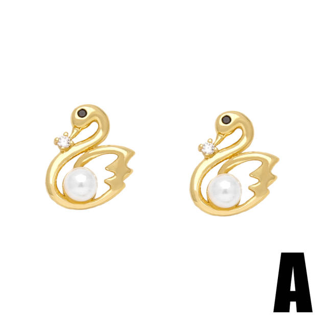 Delicate flower swan shape gold plated copper studs earrings