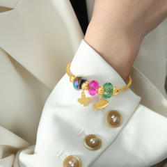 18KG colorful crystal bead music notation charm stainless steel cuff bangle