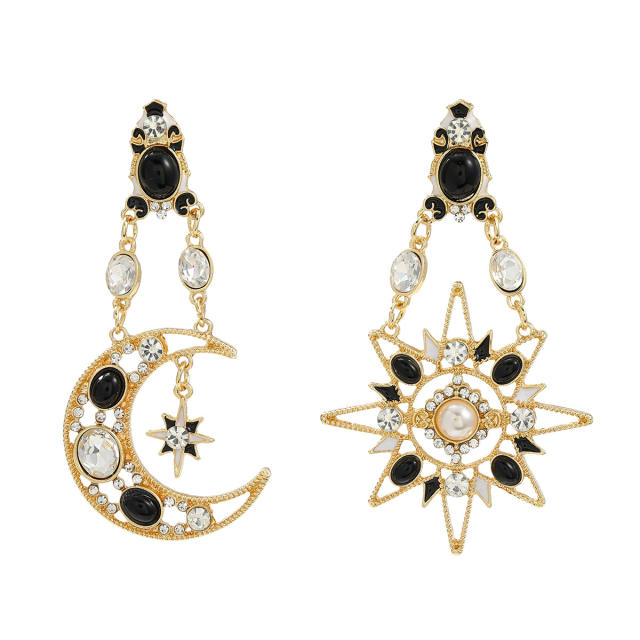 Vintage black stone statement moon star Asymmetric earrings