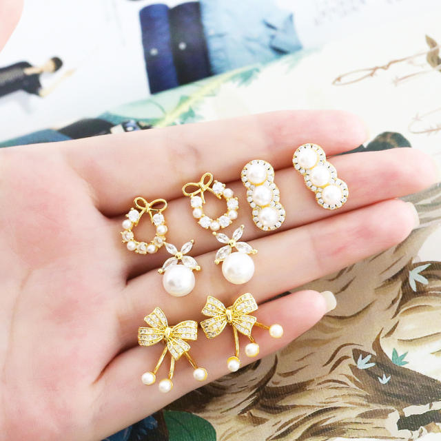 18K gold plated copper pearl bead cute bow easy match studs earrings