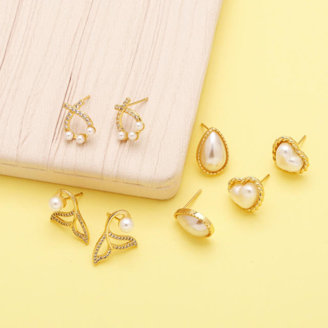 18K gold plated easy match water drop heart tail copper studs earrings