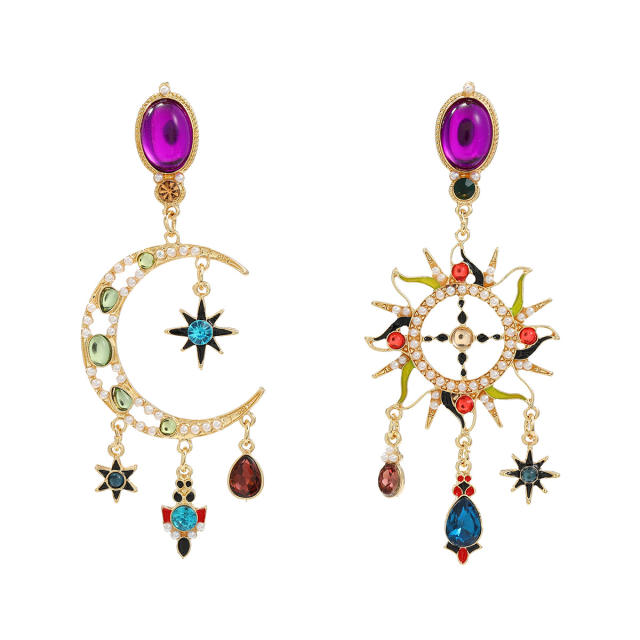 Vintage colorful rhinestone statement moon sun Asymmetric earrings