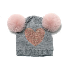 Sweet heart pattern cute fluffy ball knitted benie cap for kids