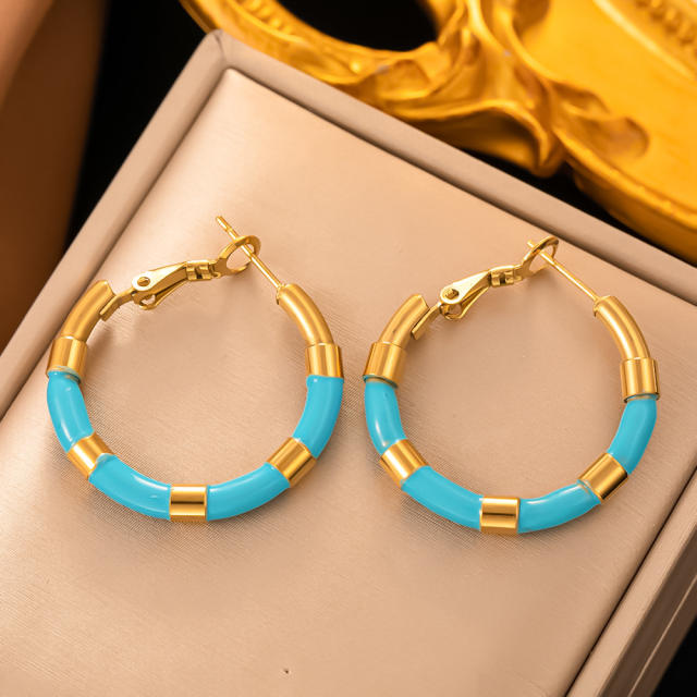 18KG color enamel bamboo hoop stainless steel earrings