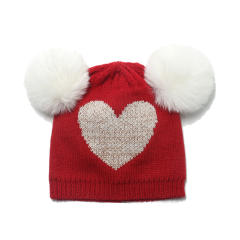 Sweet heart pattern cute fluffy ball knitted benie cap for kids