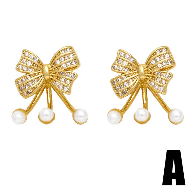 18K gold plated copper pearl bead cute bow easy match studs earrings
