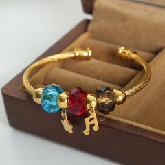 18KG colorful crystal bead music notation charm stainless steel cuff bangle