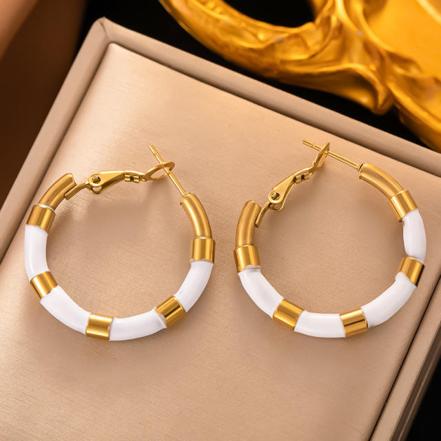 18KG color enamel bamboo hoop stainless steel earrings