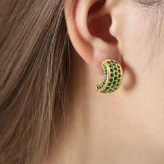 18KG luxury pave setting green color cubic zircon chunky stainless steel earrings
