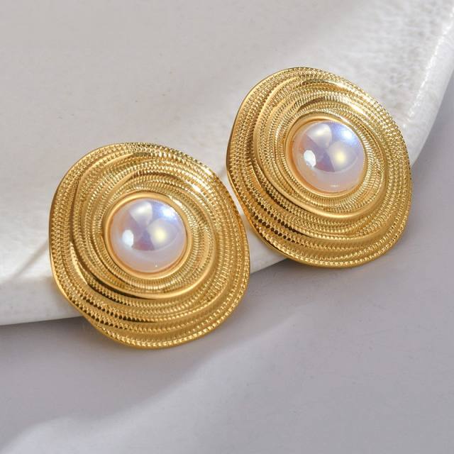 Vintage pearl bead stainless steel round studs earrings