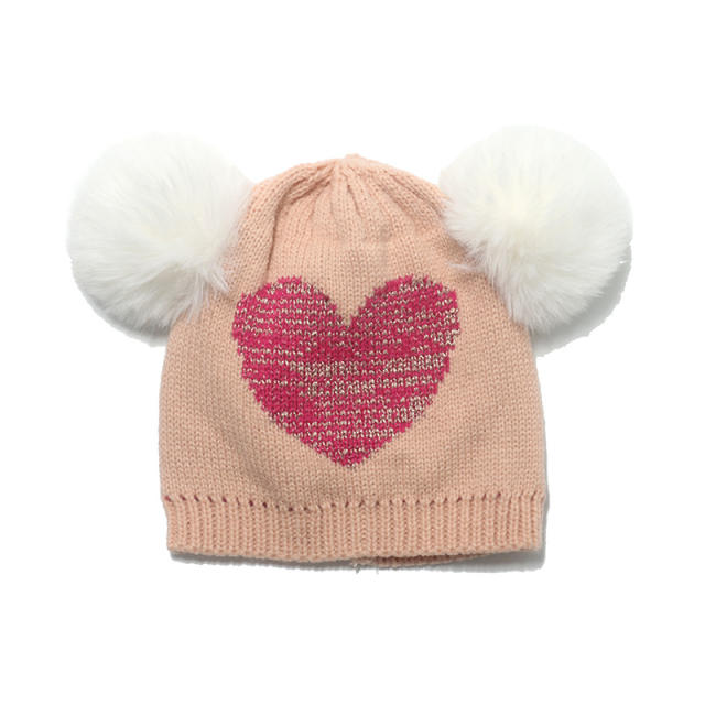 Sweet heart pattern cute fluffy ball knitted benie cap for kids