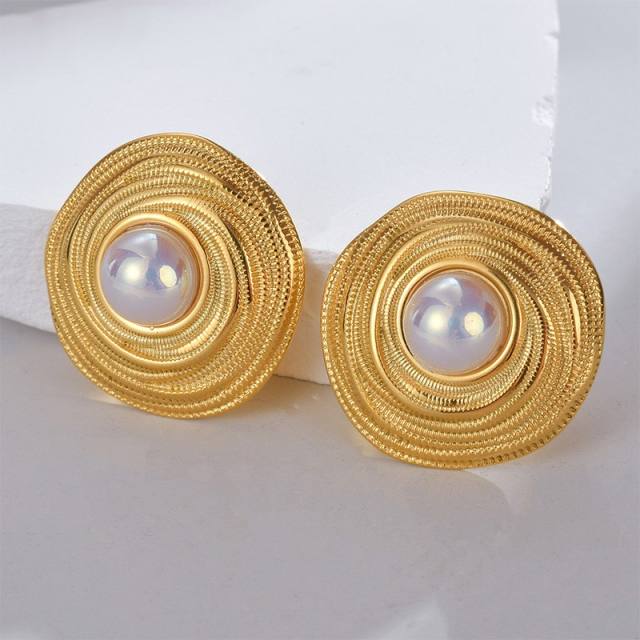 Vintage pearl bead stainless steel round studs earrings