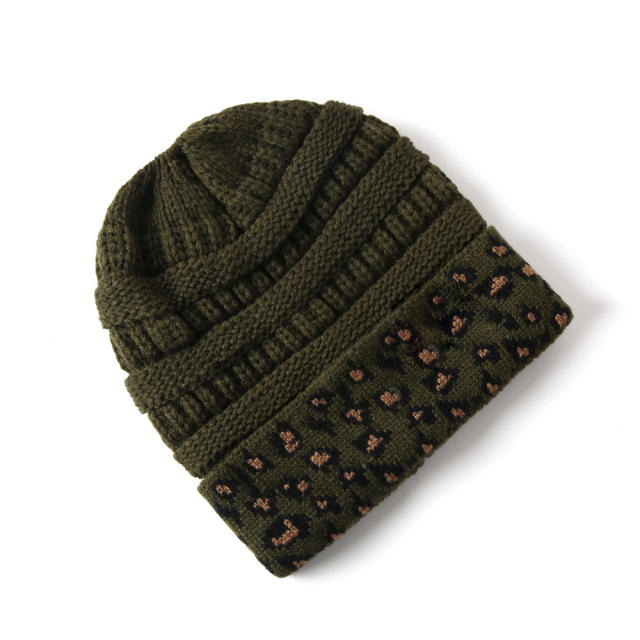 Winter autumn warm leopard grain knitted beanie cap