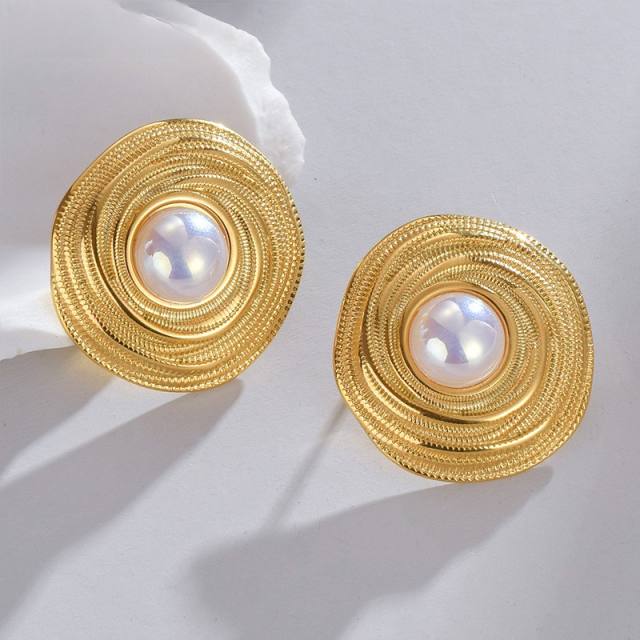 Vintage pearl bead stainless steel round studs earrings