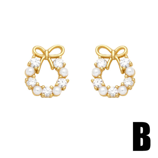 18K gold plated copper pearl bead cute bow easy match studs earrings