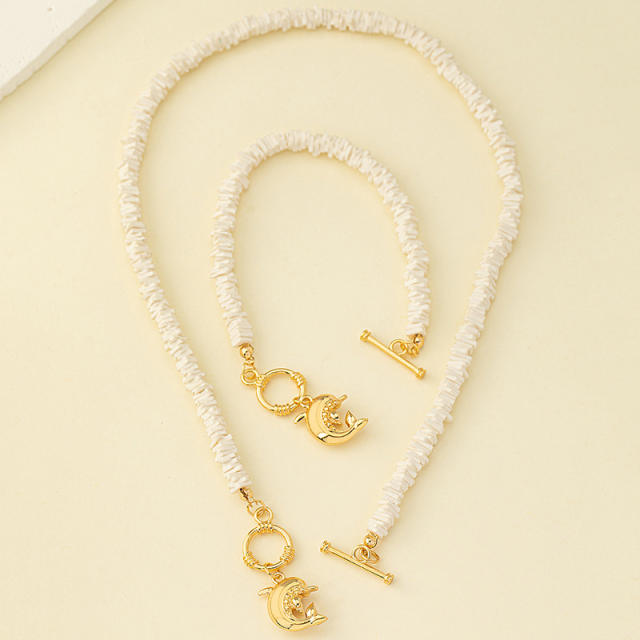 Beach trend boho puka bead necklace bracelet set with dolphin pendant