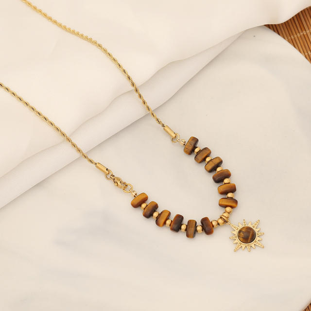 Fall design brown color tiger eye stone stainless steel necklace