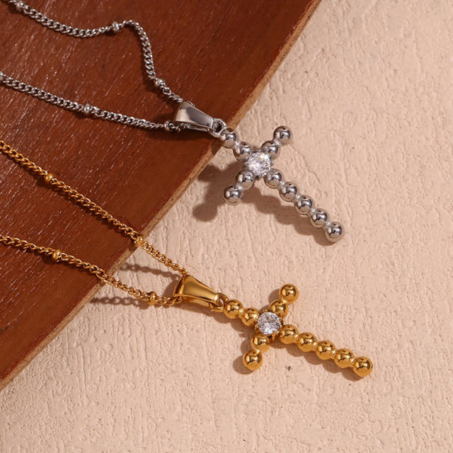 18KG delicate diamond cross pendant stainless steel necklace