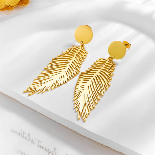 Easy match gold color feather dangle earrings stainless steel earrings