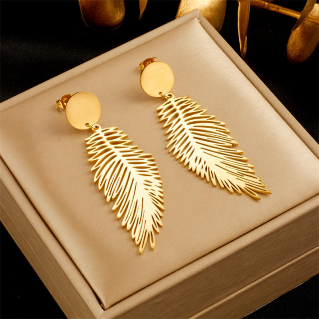 Easy match gold color feather dangle earrings stainless steel earrings