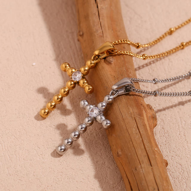 18KG delicate diamond cross pendant stainless steel necklace