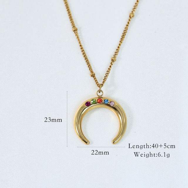 14KG colorful diamond moon pendant stainless steel necklace