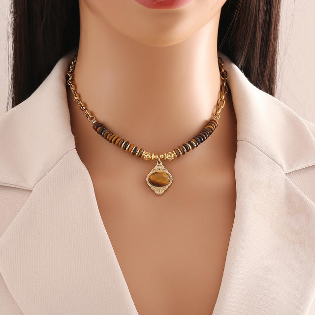 Fall design brown color tiger eye stone stainless steel necklace