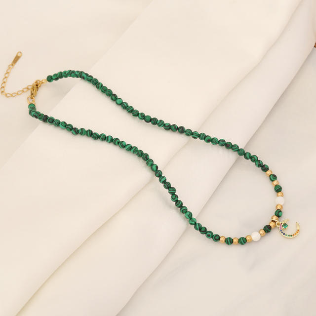 Fresh green color bead malachite stainless steel necklace