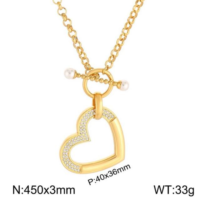 Chunky large size hollow heart pendant toggle chain necklace set stainless steel necklace