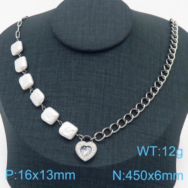 Diamond heart shell pearl Asymmetrical chain stainless steel necklace set