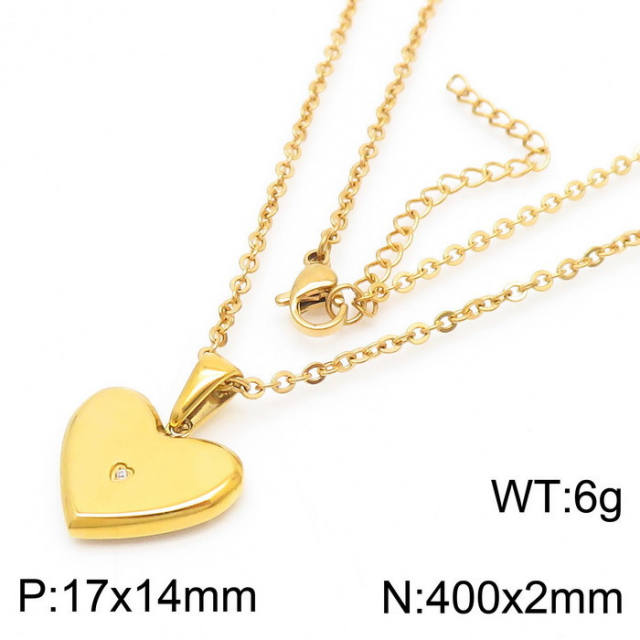 Sweet one rhinestone heart charm stainless steel necklace set