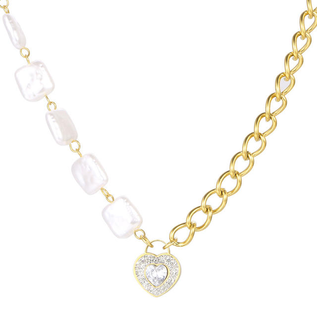 Diamond heart shell pearl Asymmetrical chain stainless steel necklace set