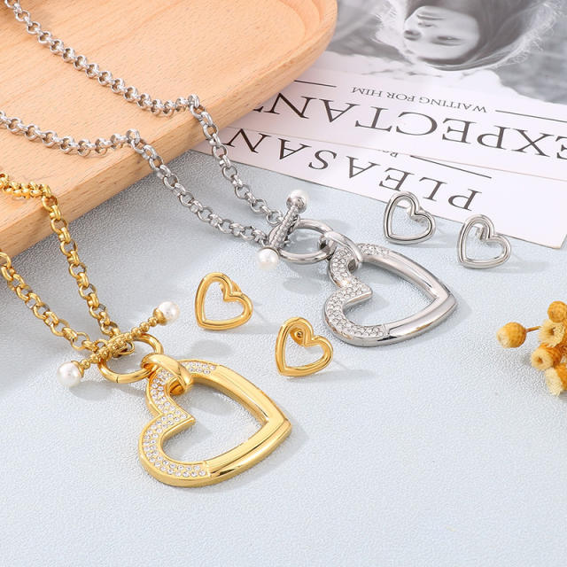 Chunky large size hollow heart pendant toggle chain necklace set stainless steel necklace