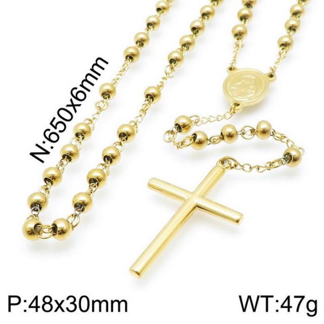 Vintage cross coin pendant rosary necklace stainless steel necklace