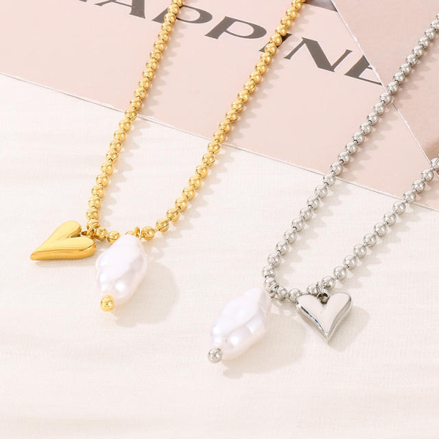 Baroque imitation pearl heart charm stainless steel necklace