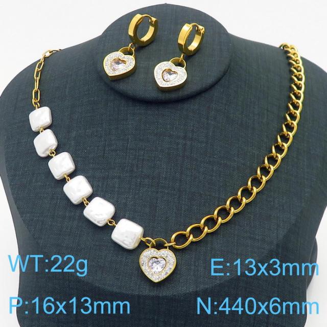 Diamond heart shell pearl Asymmetrical chain stainless steel necklace set