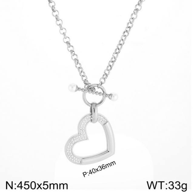 Chunky large size hollow heart pendant toggle chain necklace set stainless steel necklace