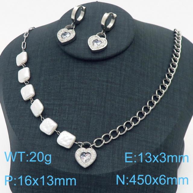 Diamond heart shell pearl Asymmetrical chain stainless steel necklace set