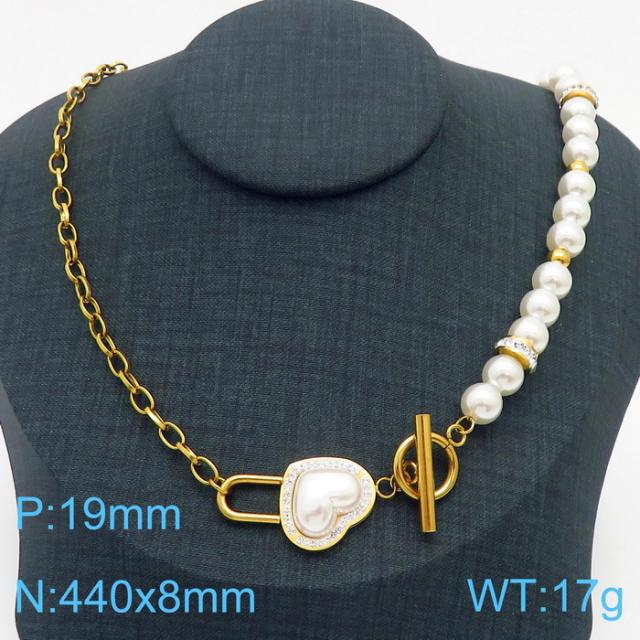 INS heart pearl bead stainless steel toggle chain necklace set