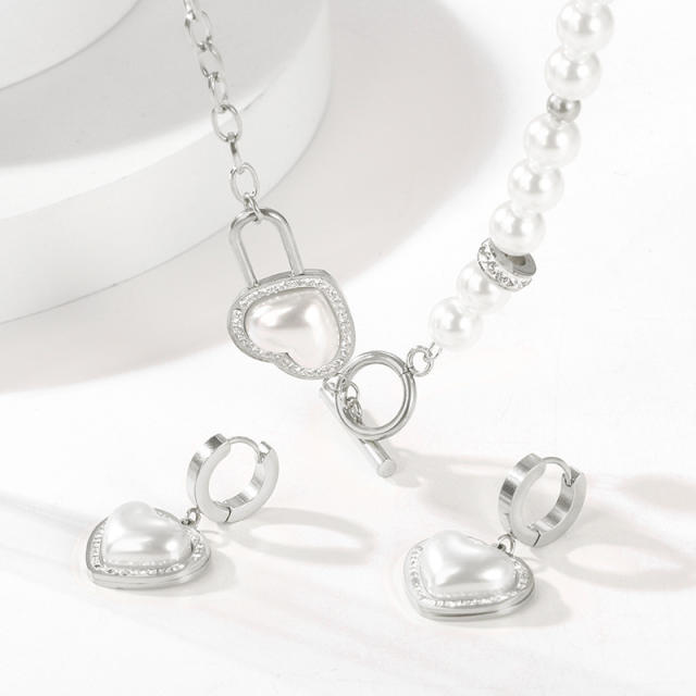 INS heart pearl bead stainless steel toggle chain necklace set