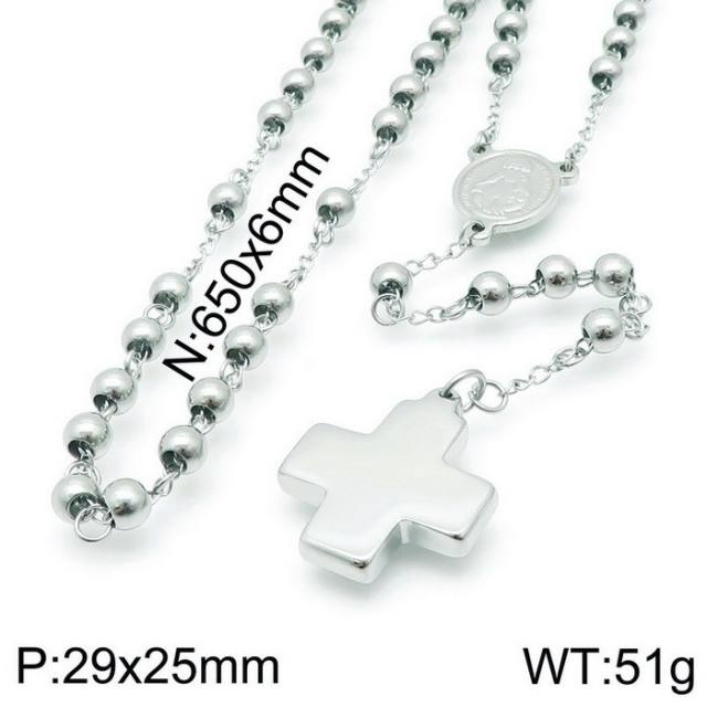 Vintage cross coin pendant rosary necklace stainless steel necklace