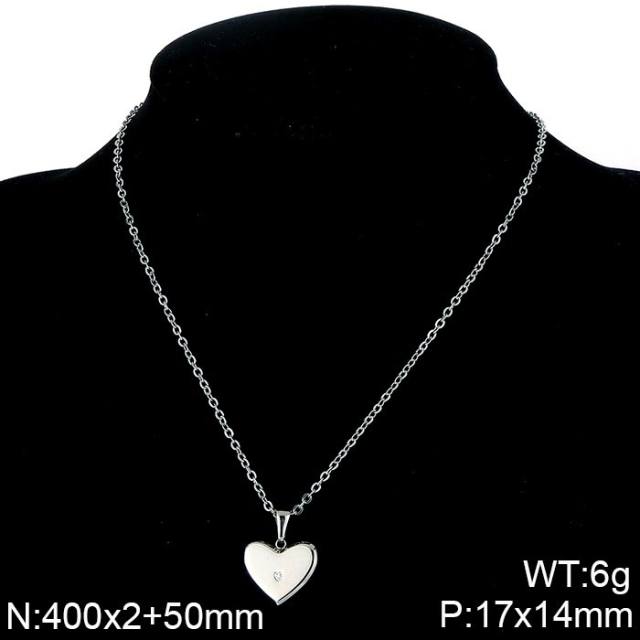 Sweet one rhinestone heart charm stainless steel necklace set