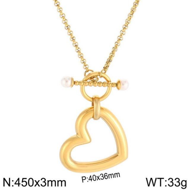 Chunky large size hollow heart pendant toggle chain necklace set stainless steel necklace