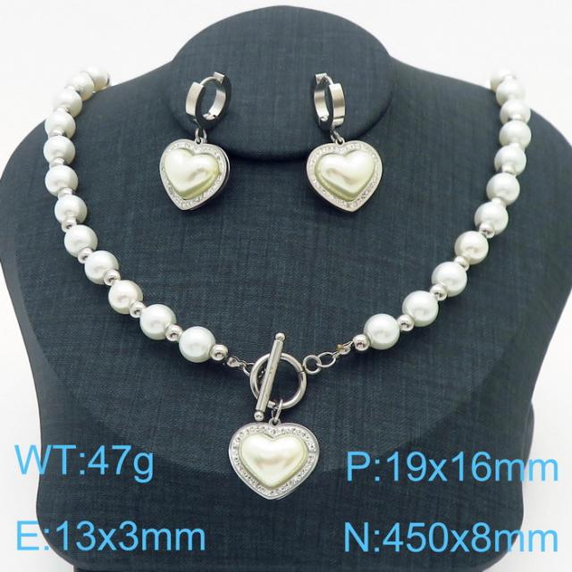 INS heart pearl bead stainless steel toggle chain necklace set