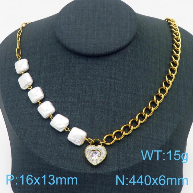 Diamond heart shell pearl Asymmetrical chain stainless steel necklace set